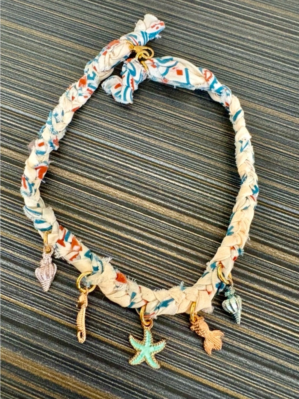 Boho Beach Charm Braided Necklace in Cream with Teal and Coral Accents